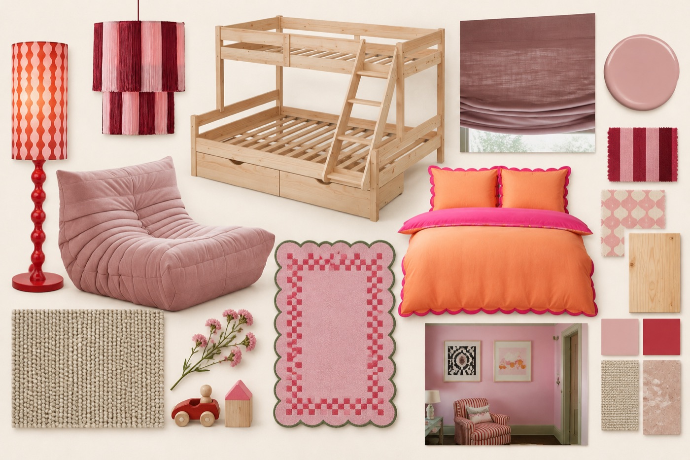 The mood board DibDab made from them: the bunk bed, lamps, chair, duvet and rug with swatches and inspiration